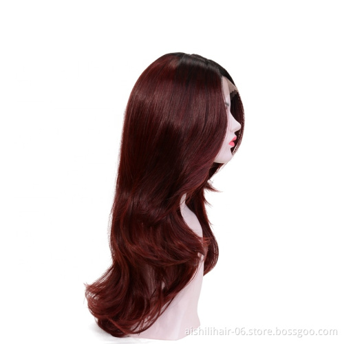 Wholesale wine red fluffy synthetic wigs lace frontal wig natural wave and kinky curly for the woman Top quality lace front wig
